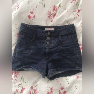 high-waisted dark blue denim shorts